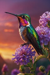 Fototapeta premium Hummingbird on Top of a Purple Flower: Bright and Colorful Image