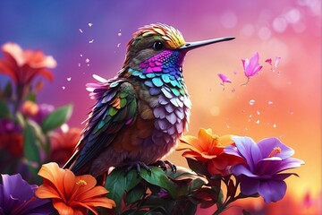 Obraz premium Hummingbird on Top of a Purple Flower: Bright and Colorful Image