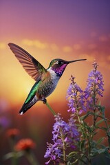 Hummingbird on Top of a Purple Flower: Bright and Colorful Image