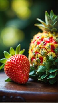 Naklejki Pineapple strawberry hybrid. Strawberry and pineapple. Strawberry concept.