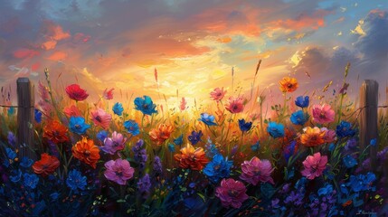 Sunset Over Field of Flowers