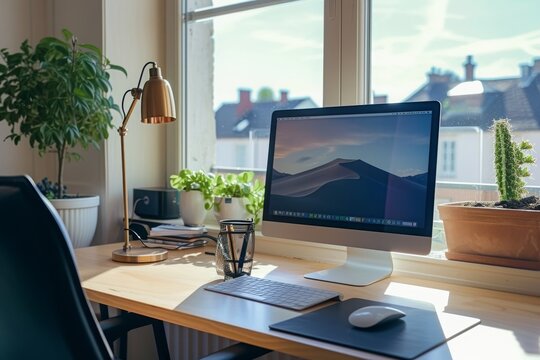 A desktop computer is placed on top of a sturdy wooden desk, providing a functional workspace, Convenience and flexibility in teleworking depicted with a home office setup, AI Generated