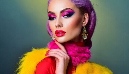 Colorful Couture. Bold Makeup and Bright Hues. Stylish Contrast in Fashion