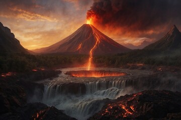 Eruption of Volcano with Lava and Magma Cascades