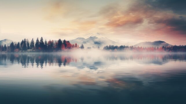 Lake landscape with sunrise and mist in background image