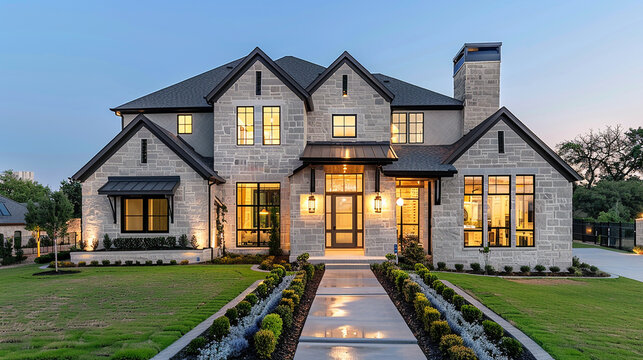 Modern farmhouse luxury home exterior glows at twilight, blending elegance with tranquility. --ar 16:9 --v 6.0 - Image #1 @Zubi