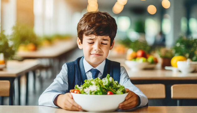 Boy in the school cafeteria not wanting to eat his lunch of a healthy salad.