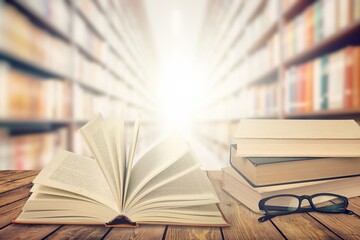 Book stack on the desk in public library