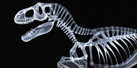T-Rex skeleton is shown in profile against a black background. The skeleton is see-through and appears translucent.