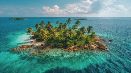 Palm Tree-Lined Island in Ocean - obrazy, fototapety, plakaty
