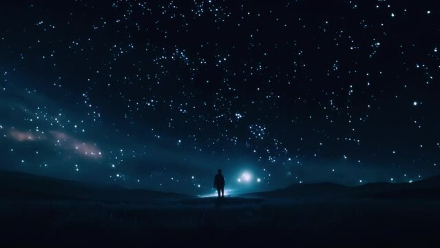 Person watching galaxy sky with sparkling flickering stars. Silhouette of a man with Milky Way starry skies. Beautiful colors of the universe 4k video Beautiful landscape