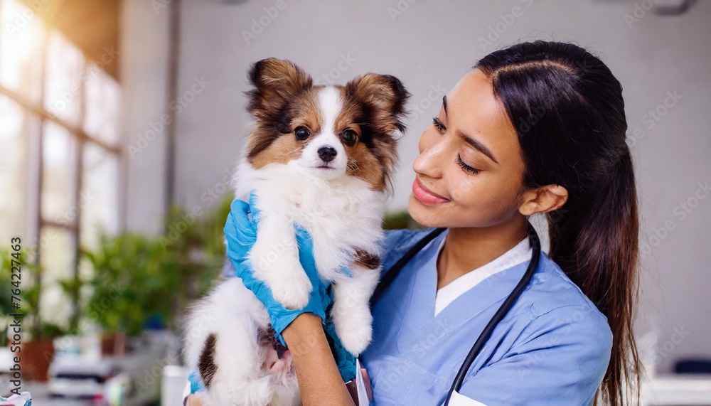 Wall mural veterinarian holding cute little puppy