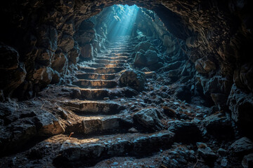 Enchanting view of sunbeams illuminating the stone steps of a cave's entrance - obrazy, fototapety, plakaty