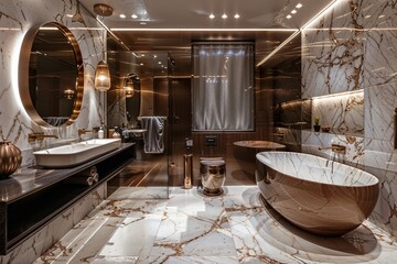 Fototapeta na wymiar Elegant spacious bathroom with marble floor, freestanding tub, and gold fixtures