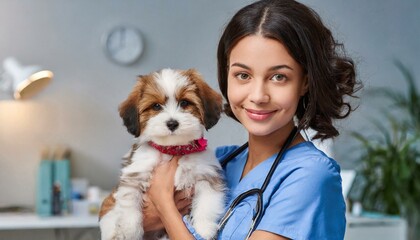 veterinarian holding cute little puppy  - obrazy, fototapety, plakaty