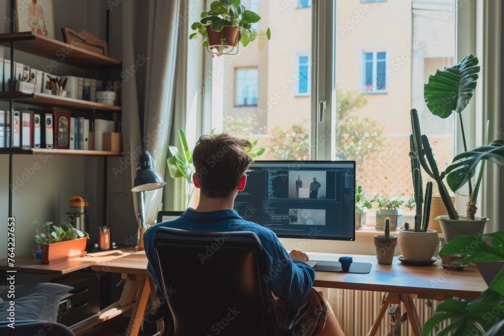 Poster a man is seated at a desk with a computer in front of him, engaged in work or other activities, effi