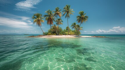 Palm Tree-Lined Island in Ocean - obrazy, fototapety, plakaty