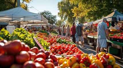 An early morning farmers market scene, bustling with vendors and customers, fresh produce on...