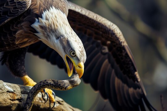 A photo of a large bird gripping a snake tightly in its mouth, Eagle hunting a snake in a brutal display of nature, AI Generated