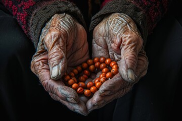 Two hands gently hold a handful of nuts arranged in the shape of a heart, Elderly hands turning prayer beads, AI Generated - obrazy, fototapety, plakaty
