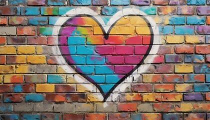  Colorful graffiti heart on the brick wall as a love symbol 
