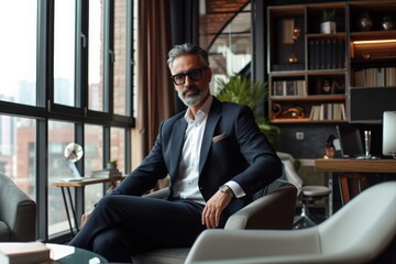 A well-dressed man wearing a suit is seated in a chair, Elegant portrait of a businessman in a modern penthouse office, AI Generated - obrazy, fototapety, plakaty