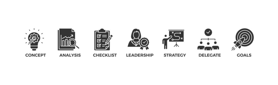 Planning banner web icon vector illustration concept with icon of concept, analysis, checklist, leadership, strategy, delegate and goals