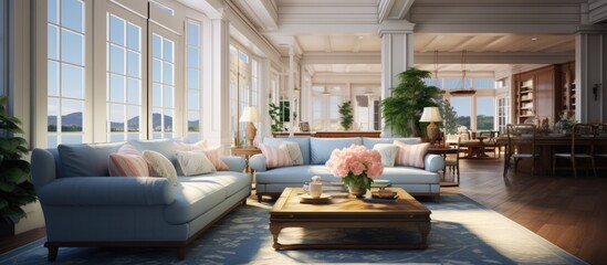 A relaxing living room setup featuring a comfortable blue couch and a coffee table at its center
