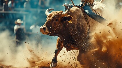 Brave bull rider facing dangerous bucking bull - obrazy, fototapety, plakaty