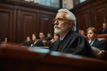A judge is seen sitting in front of a microphone, ready to preside over court proceedings in a courtroom, Experienced lawyer in a courtroom in the midst of a trial, AI Generated