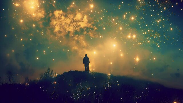 Person watching galaxy sky with sparkling flickering stars. Silhouette of a man with Milky Way starry skies. Beautiful colors of the universe 4k video Beautiful landscape