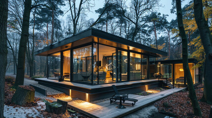Obraz premium Sleek forest villa for luxury glamping, with contemporary glass cottage illuminating the night. --ar 16:9 --v 6.0 - Image #3 @Zubi
