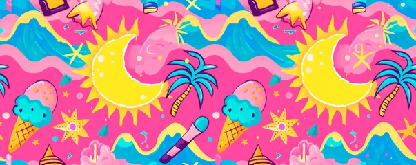 Foto op Plexiglas A background featuring pink and blue colors with silhouettes of palm trees. Festive summer. Gift wrapping. Seamless pattern © stateronz