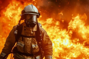 A firefighter fearlessly fights a raging inferno, surrounded by towering flames and billowing smoke, Firefighter in full gear getting ready to extinguish a massive fire, AI Generated