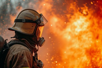 A determined firefighter standing in front of a raging inferno, ready to combat the destructive flames, Firefighter in full gear getting ready to extinguish a massive fire, AI Generated