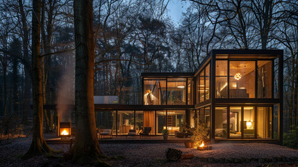 Sleek forest villa for luxury glamping, with contemporary glass cottage illuminating the night. --ar 16:9 --v 6.0 - Image #4 @Zubi