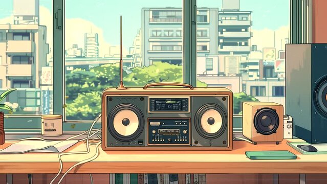 Radio background animation on the table, for Lofi music background. seamless looping 4k time-lapse animation video background 