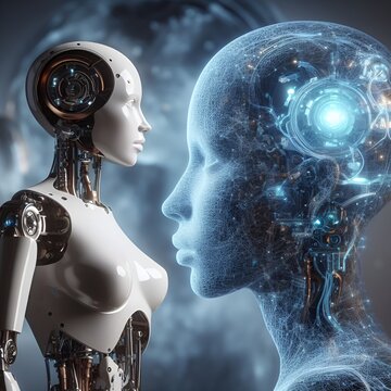 A close up of a robot and a woman with a glowing head, robot with human face, strong artificial intelligence