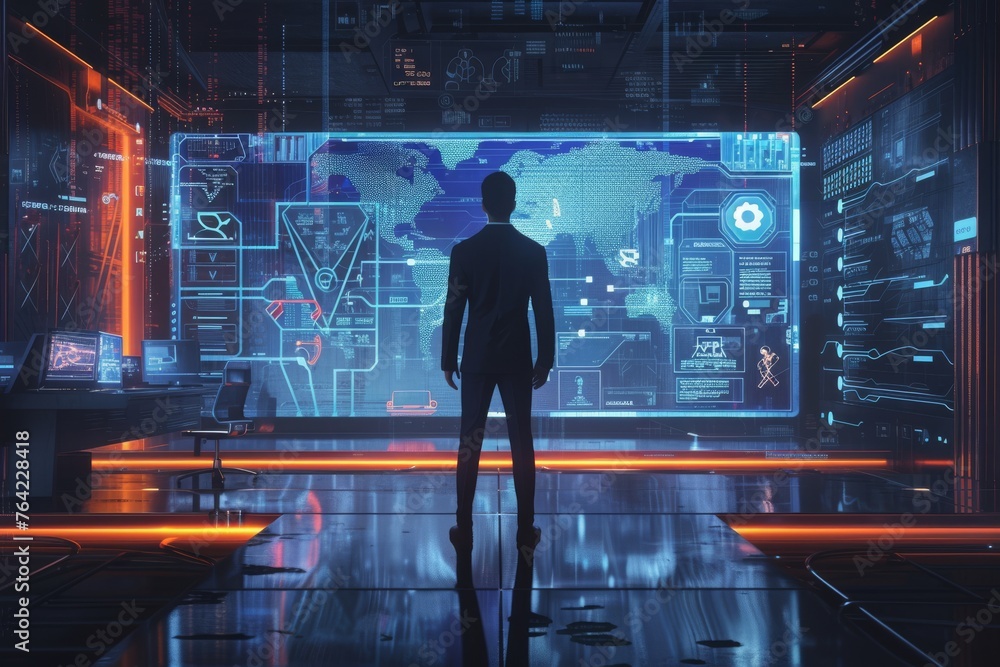 Poster a man stands in front of a large screen, engaged in viewing or interacting with the content displaye
