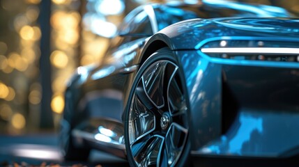 A close-up of a sleek black luxury sports car's headlight, showcased in the reflective ambiance of...