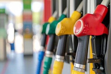 A row of gas pumps lined up side by side, ready for fueling vehicles, Gas pump with escalating prices indicating inflation, AI Generated - obrazy, fototapety, plakaty