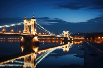 Fototapeta na wymiar Beautiful glowing city or bridge evening time with river Generative AI