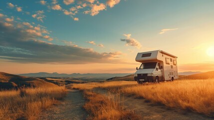 Idyllic Sunset View with Mobile Home on Scenic Country Road