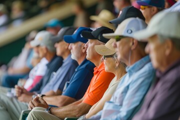 A diverse group of individuals sitting closely together at a baseball stadium, enjoying the game, Golf spectators in a grandstand during a tournament, AI Generated