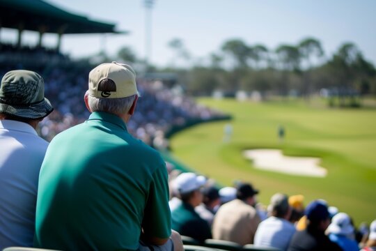 Group of People Watching a Game of Golf, Golf spectators in a grandstand during a tournament, AI Generated