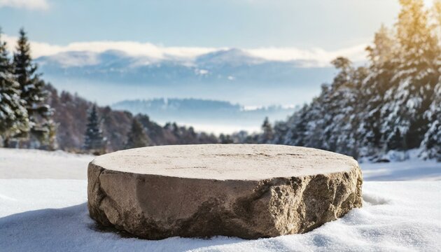 : Empty round stone platform podium for product or cosmetics advertising presentation with winter landscape background. Minimal composition background