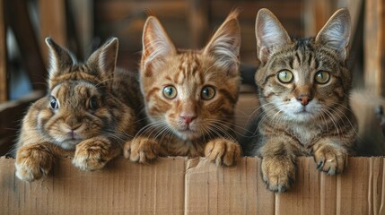 Group of Cats Sitting on Wooden Fence - obrazy, fototapety, plakaty