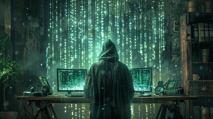 Man Standing In Front Of Computer In Dark Room