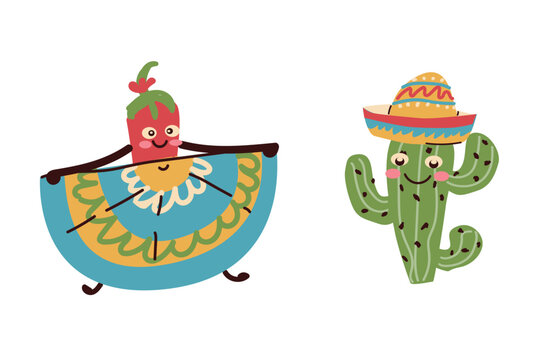 Fun, cute character chilli pepper dancing and cactus in hat. can used for Cinco de Mayo - May 5, federal holiday in Mexico.