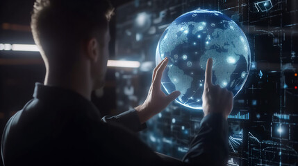 Rear view of a man touching a floating holographic globe with digital data overlays in a dark, high-tech environment